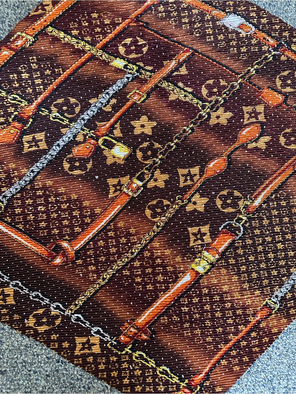 Luxury Monogram Scarf with Equestrian Chain Print - Brown & Gold